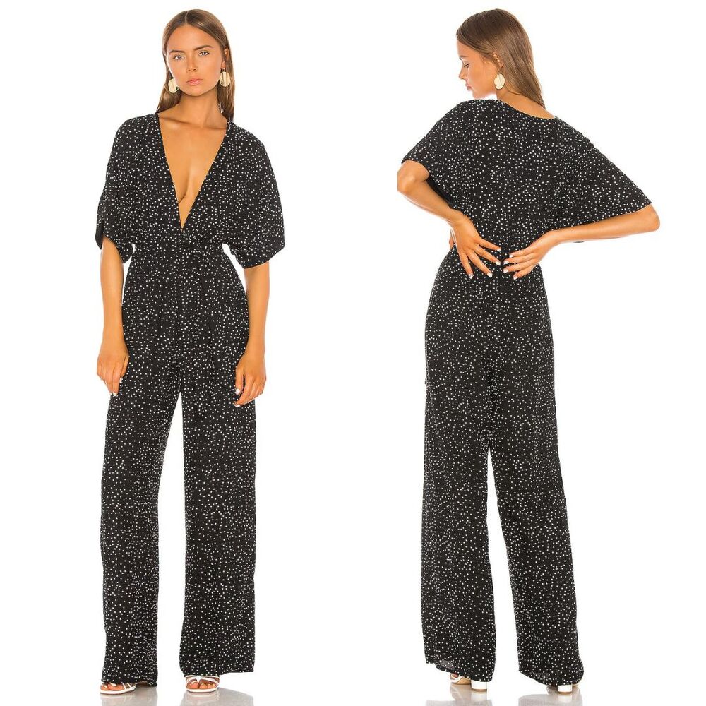 Revolve Shaycation Lisa Jumpsuit M Black White Polka Dot Wide Leg Packable Retro
